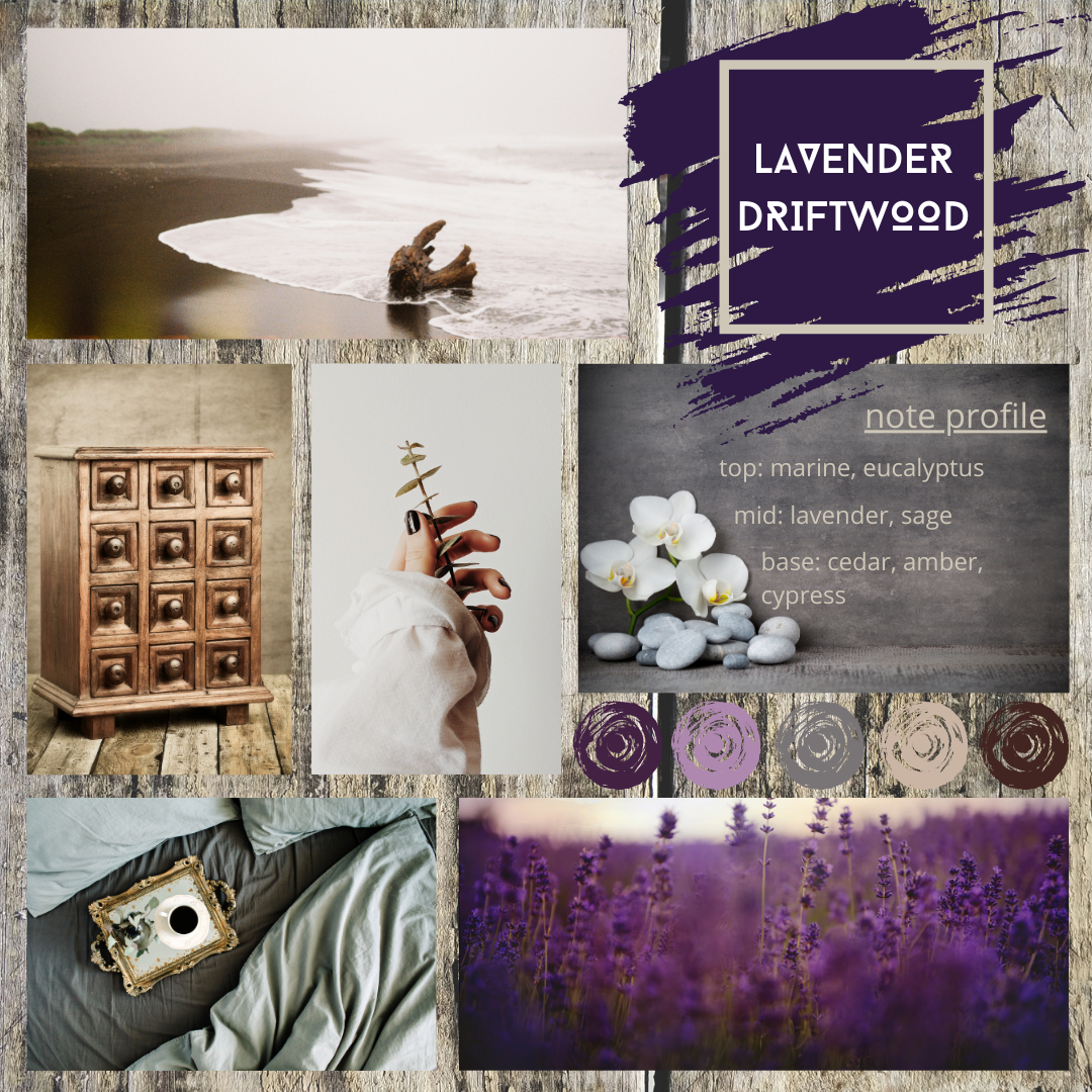 Lavender Driftwood imagery - shades of purple and grey, driftwood on a shore, aged wood furniture, eucalyptus